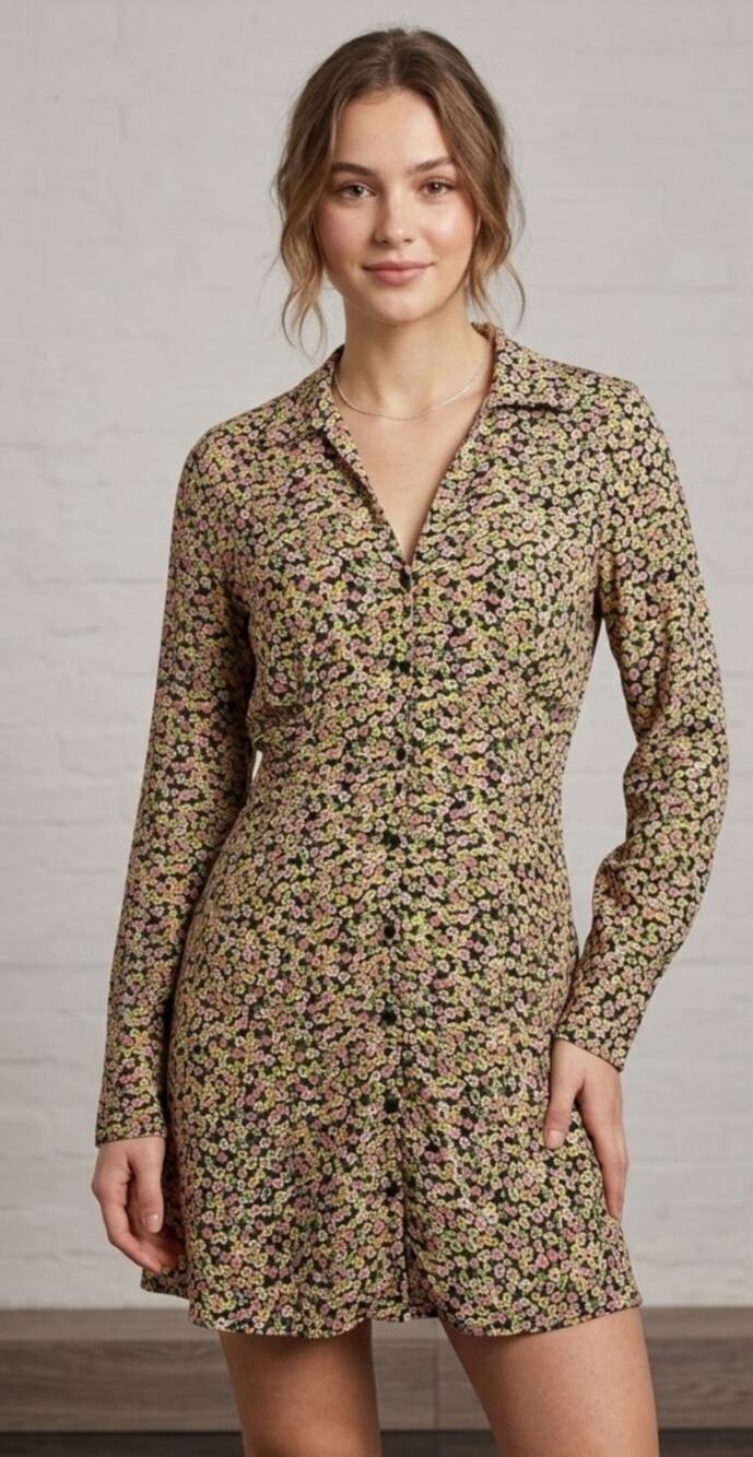 Zara Retro Small Floral Print Front Button Mini Shirt Dress